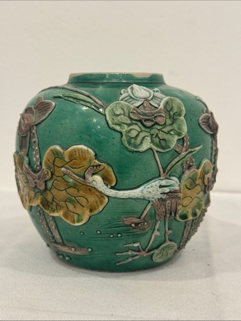 Antique Chinese Wang Bingrong Green Relief Porcelain Ginger Jar Crane & Lotus 4”